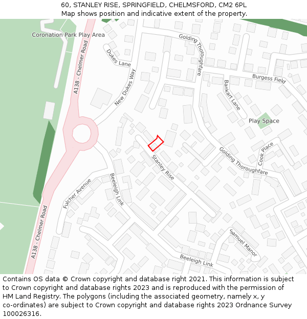 60, STANLEY RISE, SPRINGFIELD, CHELMSFORD, CM2 6PL: Location map and indicative extent of plot