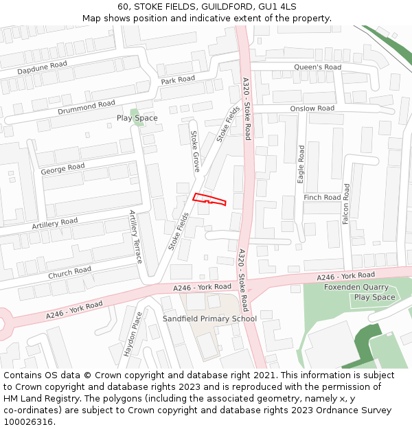 60, STOKE FIELDS, GUILDFORD, GU1 4LS: Location map and indicative extent of plot