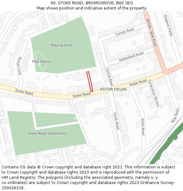 60, STOKE ROAD, BROMSGROVE, B60 3EG: Location map and indicative extent of plot