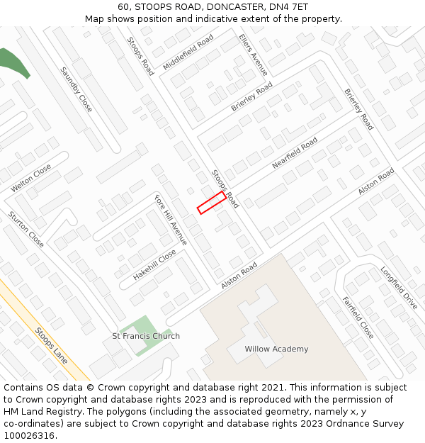 60, STOOPS ROAD, DONCASTER, DN4 7ET: Location map and indicative extent of plot