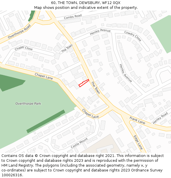 60, THE TOWN, DEWSBURY, WF12 0QX: Location map and indicative extent of plot