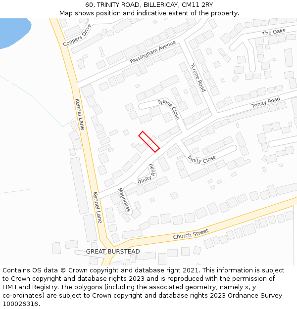 60, TRINITY ROAD, BILLERICAY, CM11 2RY: Location map and indicative extent of plot