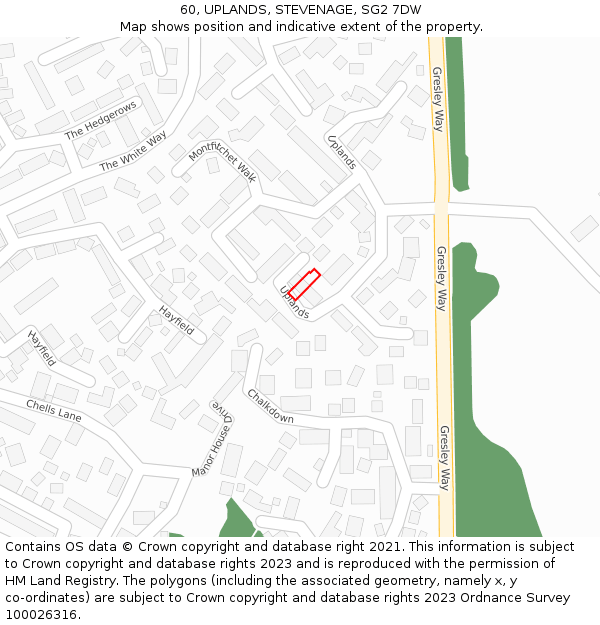 60, UPLANDS, STEVENAGE, SG2 7DW: Location map and indicative extent of plot