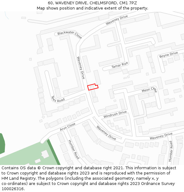 60, WAVENEY DRIVE, CHELMSFORD, CM1 7PZ: Location map and indicative extent of plot