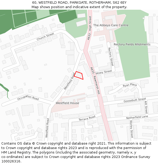 60, WESTFIELD ROAD, PARKGATE, ROTHERHAM, S62 6EY: Location map and indicative extent of plot