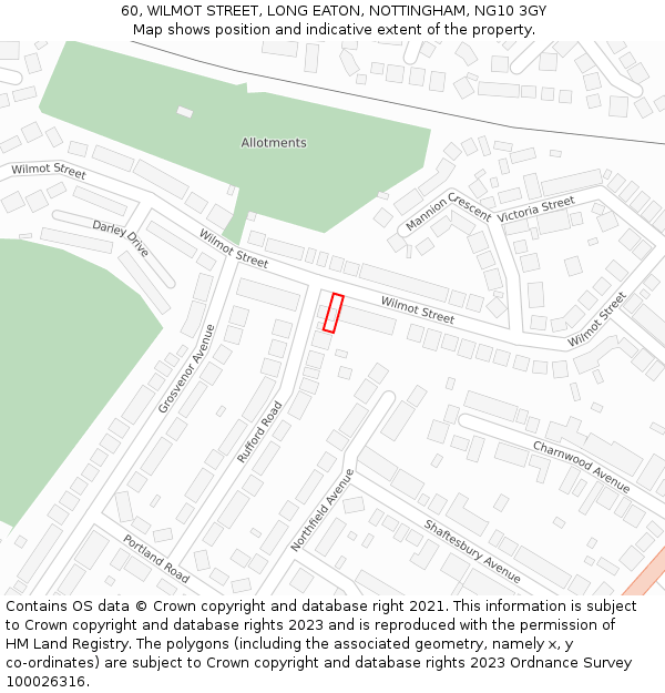 60, WILMOT STREET, LONG EATON, NOTTINGHAM, NG10 3GY: Location map and indicative extent of plot
