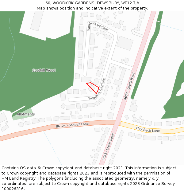 60, WOODKIRK GARDENS, DEWSBURY, WF12 7JA: Location map and indicative extent of plot