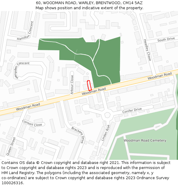 60, WOODMAN ROAD, WARLEY, BRENTWOOD, CM14 5AZ: Location map and indicative extent of plot