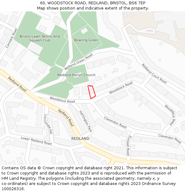 60, WOODSTOCK ROAD, REDLAND, BRISTOL, BS6 7EP: Location map and indicative extent of plot