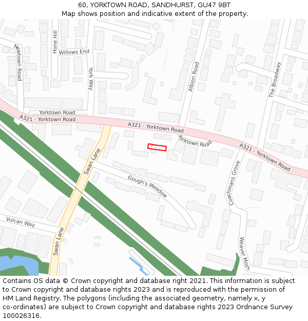 60, YORKTOWN ROAD, SANDHURST, GU47 9BT: Location map and indicative extent of plot