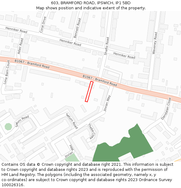 603, BRAMFORD ROAD, IPSWICH, IP1 5BD: Location map and indicative extent of plot