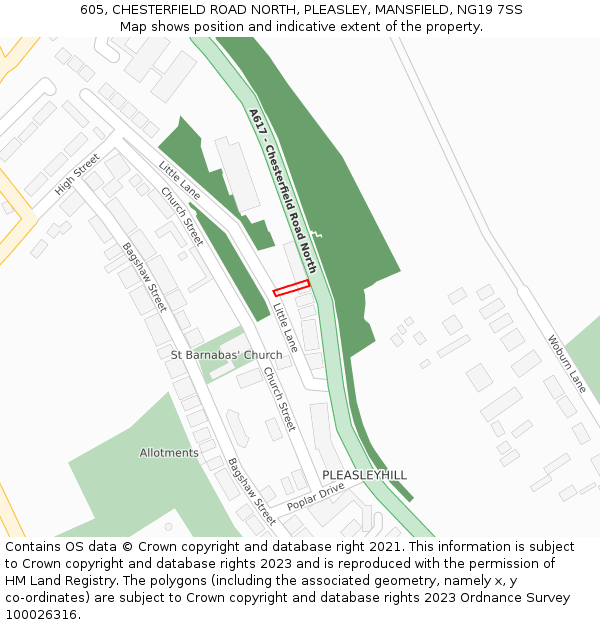 605, CHESTERFIELD ROAD NORTH, PLEASLEY, MANSFIELD, NG19 7SS: Location map and indicative extent of plot