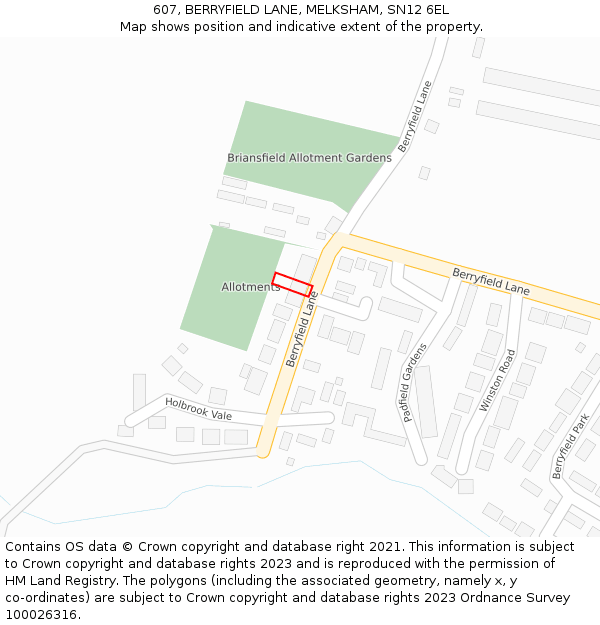 607, BERRYFIELD LANE, MELKSHAM, SN12 6EL: Location map and indicative extent of plot