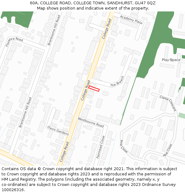 60A, COLLEGE ROAD, COLLEGE TOWN, SANDHURST, GU47 0QZ: Location map and indicative extent of plot