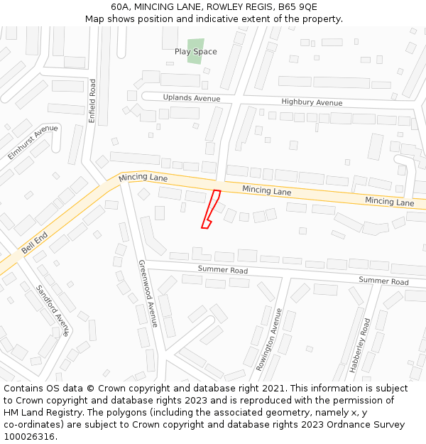 60A, MINCING LANE, ROWLEY REGIS, B65 9QE: Location map and indicative extent of plot