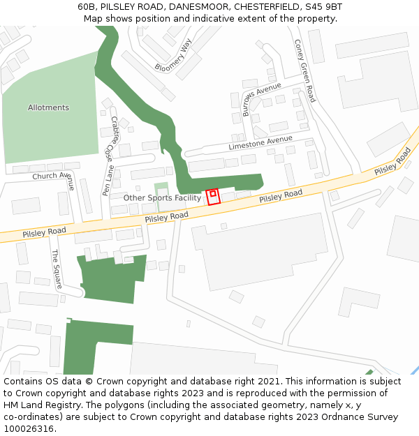 60B, PILSLEY ROAD, DANESMOOR, CHESTERFIELD, S45 9BT: Location map and indicative extent of plot