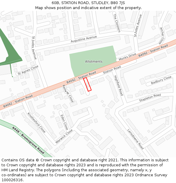 60B, STATION ROAD, STUDLEY, B80 7JS: Location map and indicative extent of plot