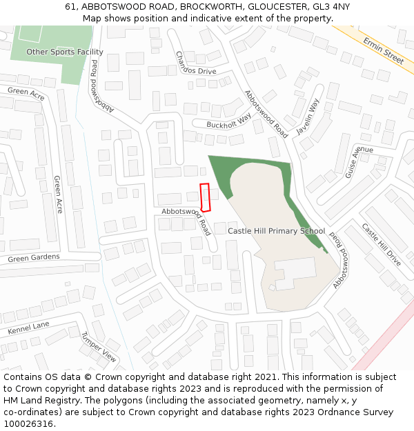 61, ABBOTSWOOD ROAD, BROCKWORTH, GLOUCESTER, GL3 4NY: Location map and indicative extent of plot