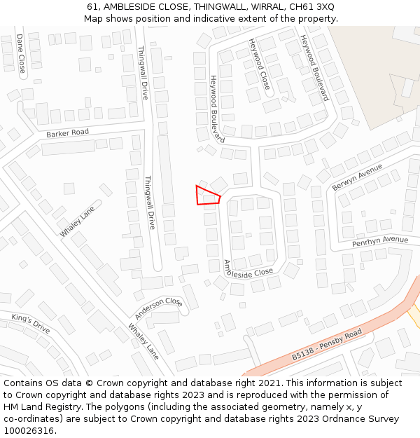 61, AMBLESIDE CLOSE, THINGWALL, WIRRAL, CH61 3XQ: Location map and indicative extent of plot
