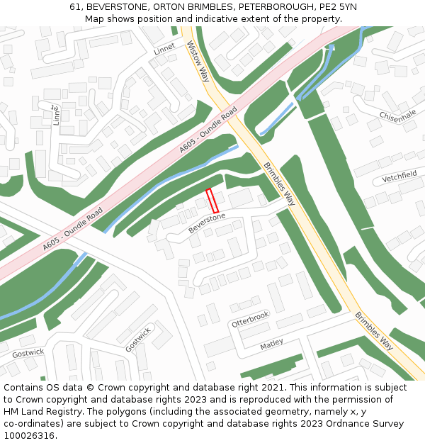 61, BEVERSTONE, ORTON BRIMBLES, PETERBOROUGH, PE2 5YN: Location map and indicative extent of plot