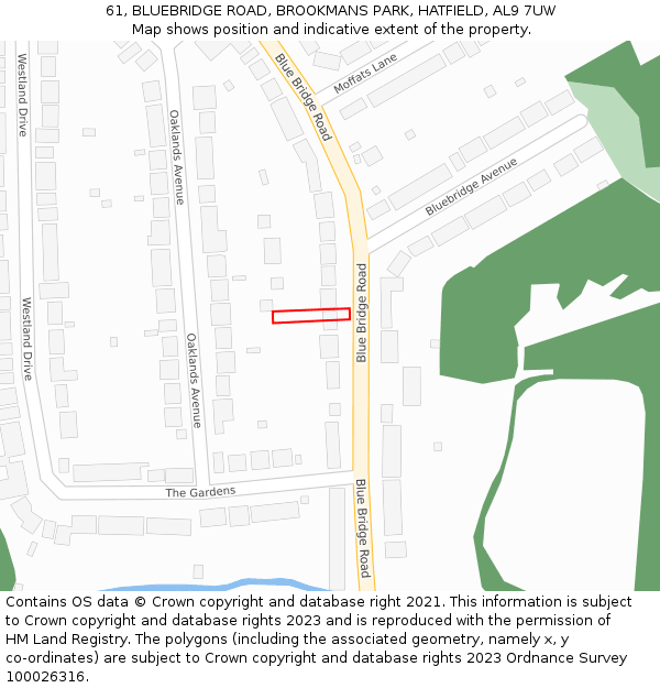 61, BLUEBRIDGE ROAD, BROOKMANS PARK, HATFIELD, AL9 7UW: Location map and indicative extent of plot