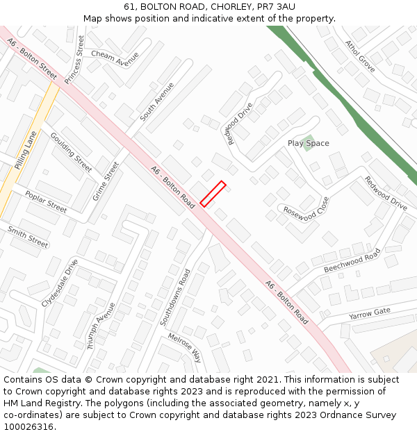 61, BOLTON ROAD, CHORLEY, PR7 3AU: Location map and indicative extent of plot