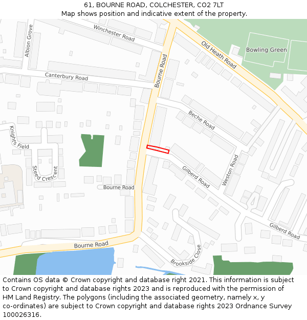 61, BOURNE ROAD, COLCHESTER, CO2 7LT: Location map and indicative extent of plot
