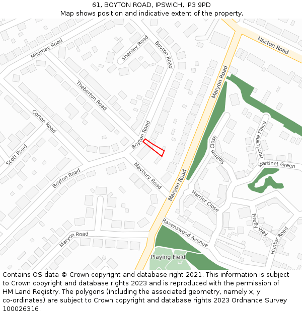 61, BOYTON ROAD, IPSWICH, IP3 9PD: Location map and indicative extent of plot