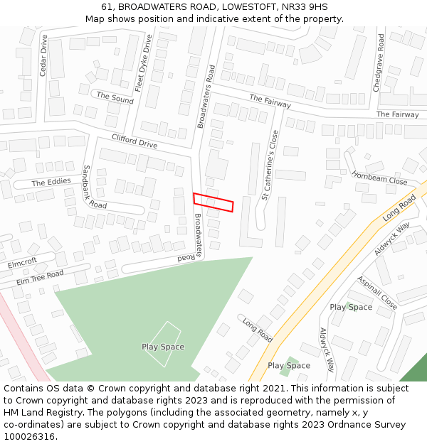 61, BROADWATERS ROAD, LOWESTOFT, NR33 9HS: Location map and indicative extent of plot