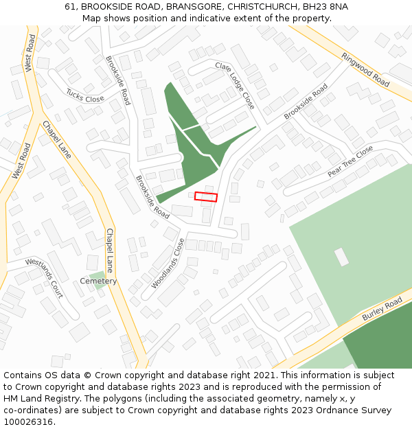 61, BROOKSIDE ROAD, BRANSGORE, CHRISTCHURCH, BH23 8NA: Location map and indicative extent of plot