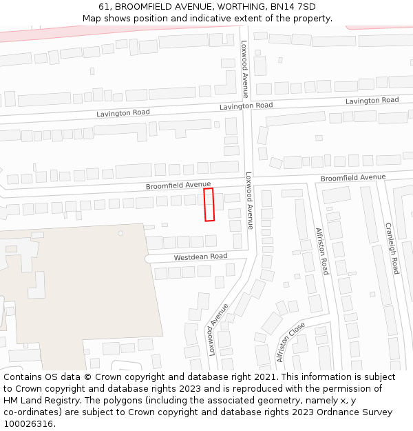 61, BROOMFIELD AVENUE, WORTHING, BN14 7SD: Location map and indicative extent of plot