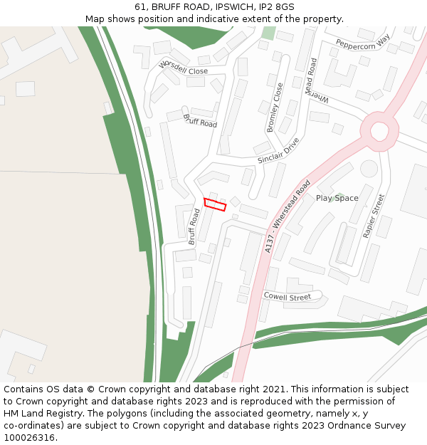 61, BRUFF ROAD, IPSWICH, IP2 8GS: Location map and indicative extent of plot