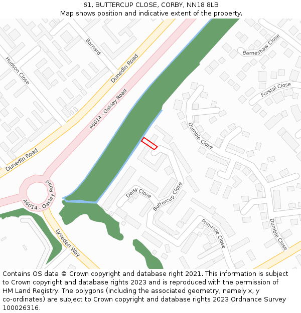 61, BUTTERCUP CLOSE, CORBY, NN18 8LB: Location map and indicative extent of plot