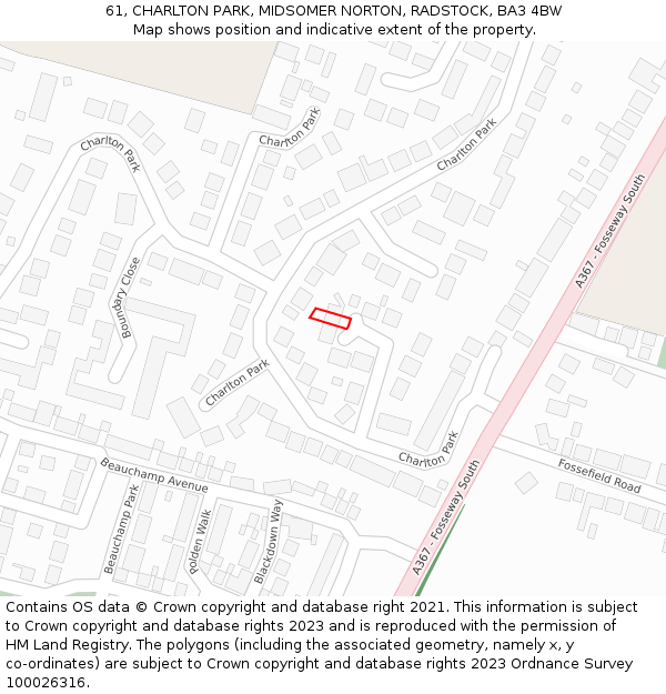 61, CHARLTON PARK, MIDSOMER NORTON, RADSTOCK, BA3 4BW: Location map and indicative extent of plot