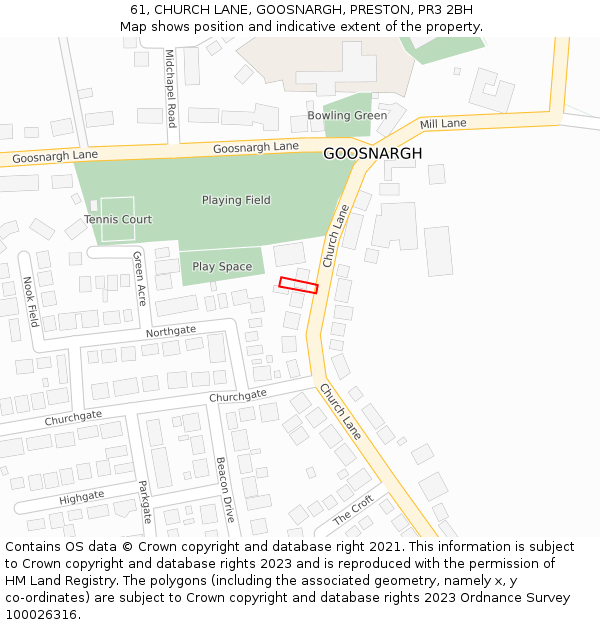 61, CHURCH LANE, GOOSNARGH, PRESTON, PR3 2BH: Location map and indicative extent of plot
