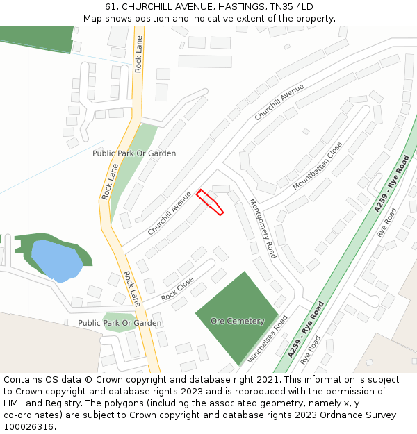 61, CHURCHILL AVENUE, HASTINGS, TN35 4LD: Location map and indicative extent of plot