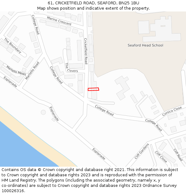 61, CRICKETFIELD ROAD, SEAFORD, BN25 1BU: Location map and indicative extent of plot