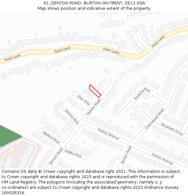 61, DENTON ROAD, BURTON-ON-TRENT, DE13 0QA: Location map and indicative extent of plot