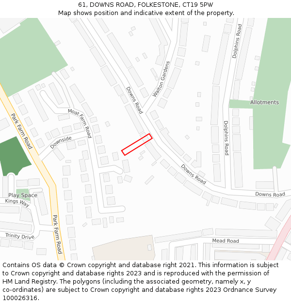61, DOWNS ROAD, FOLKESTONE, CT19 5PW: Location map and indicative extent of plot