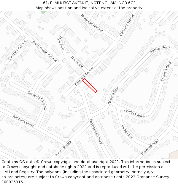 61, ELMHURST AVENUE, NOTTINGHAM, NG3 6GF: Location map and indicative extent of plot