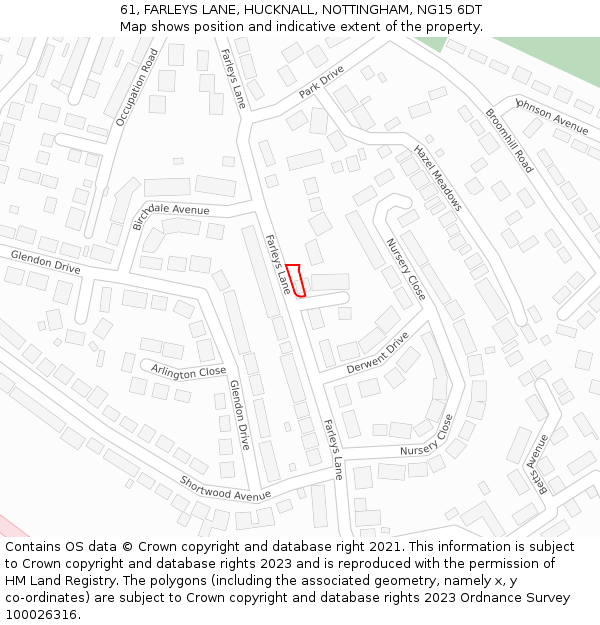 61, FARLEYS LANE, HUCKNALL, NOTTINGHAM, NG15 6DT: Location map and indicative extent of plot