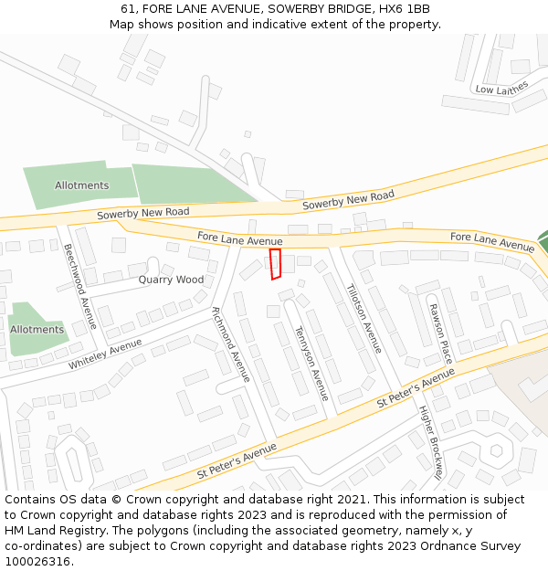 61, FORE LANE AVENUE, SOWERBY BRIDGE, HX6 1BB: Location map and indicative extent of plot