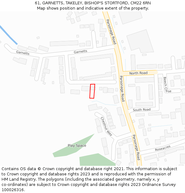 61, GARNETTS, TAKELEY, BISHOP'S STORTFORD, CM22 6RN: Location map and indicative extent of plot