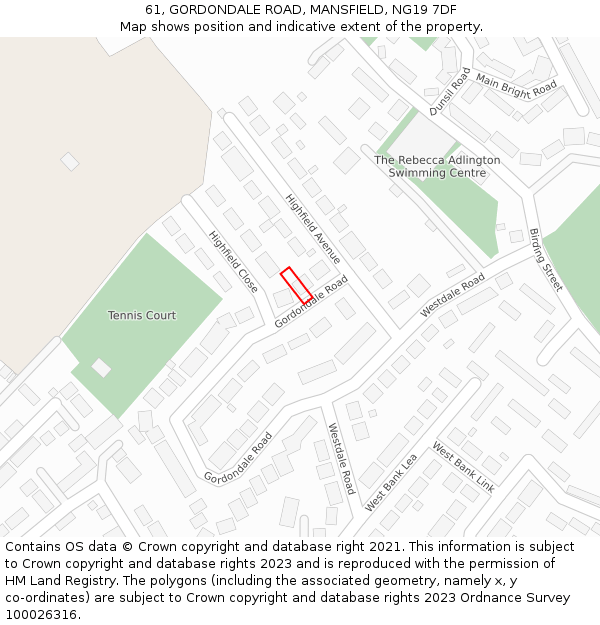 61, GORDONDALE ROAD, MANSFIELD, NG19 7DF: Location map and indicative extent of plot