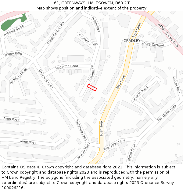 61, GREENWAYS, HALESOWEN, B63 2JT: Location map and indicative extent of plot