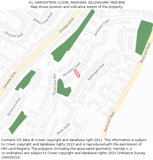 61, HARVESTERS CLOSE, RAINHAM, GILLINGHAM, ME8 8PB: Location map and indicative extent of plot