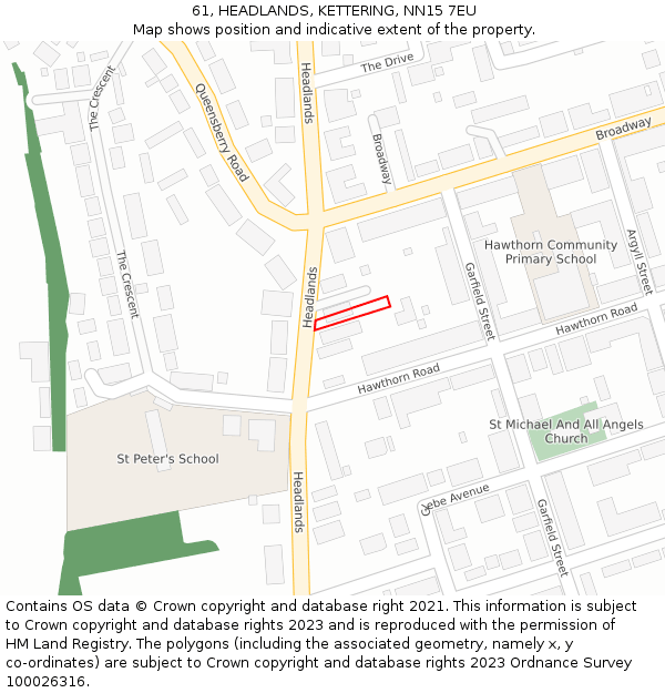 61, HEADLANDS, KETTERING, NN15 7EU: Location map and indicative extent of plot