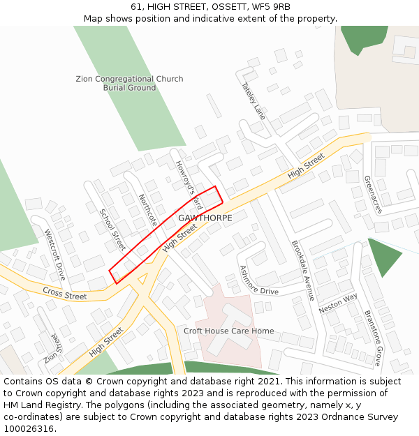61, HIGH STREET, OSSETT, WF5 9RB: Location map and indicative extent of plot