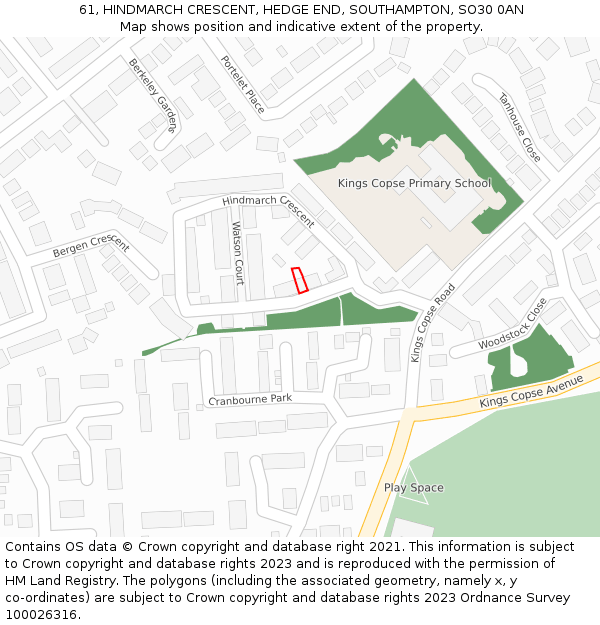 61, HINDMARCH CRESCENT, HEDGE END, SOUTHAMPTON, SO30 0AN: Location map and indicative extent of plot