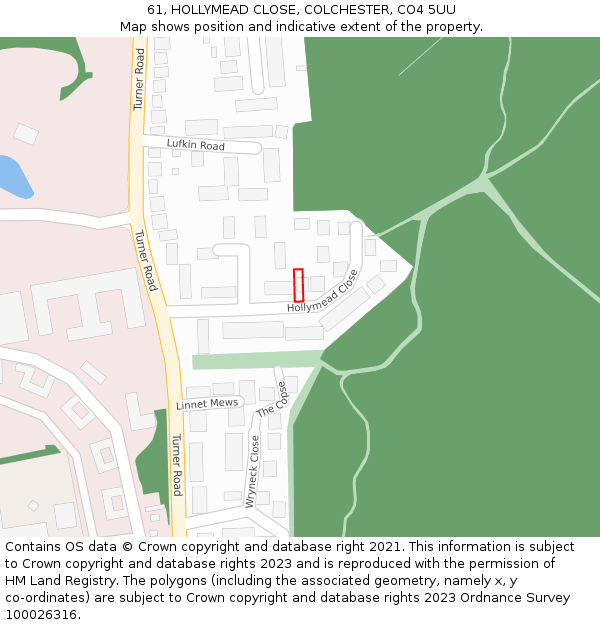61, HOLLYMEAD CLOSE, COLCHESTER, CO4 5UU: Location map and indicative extent of plot